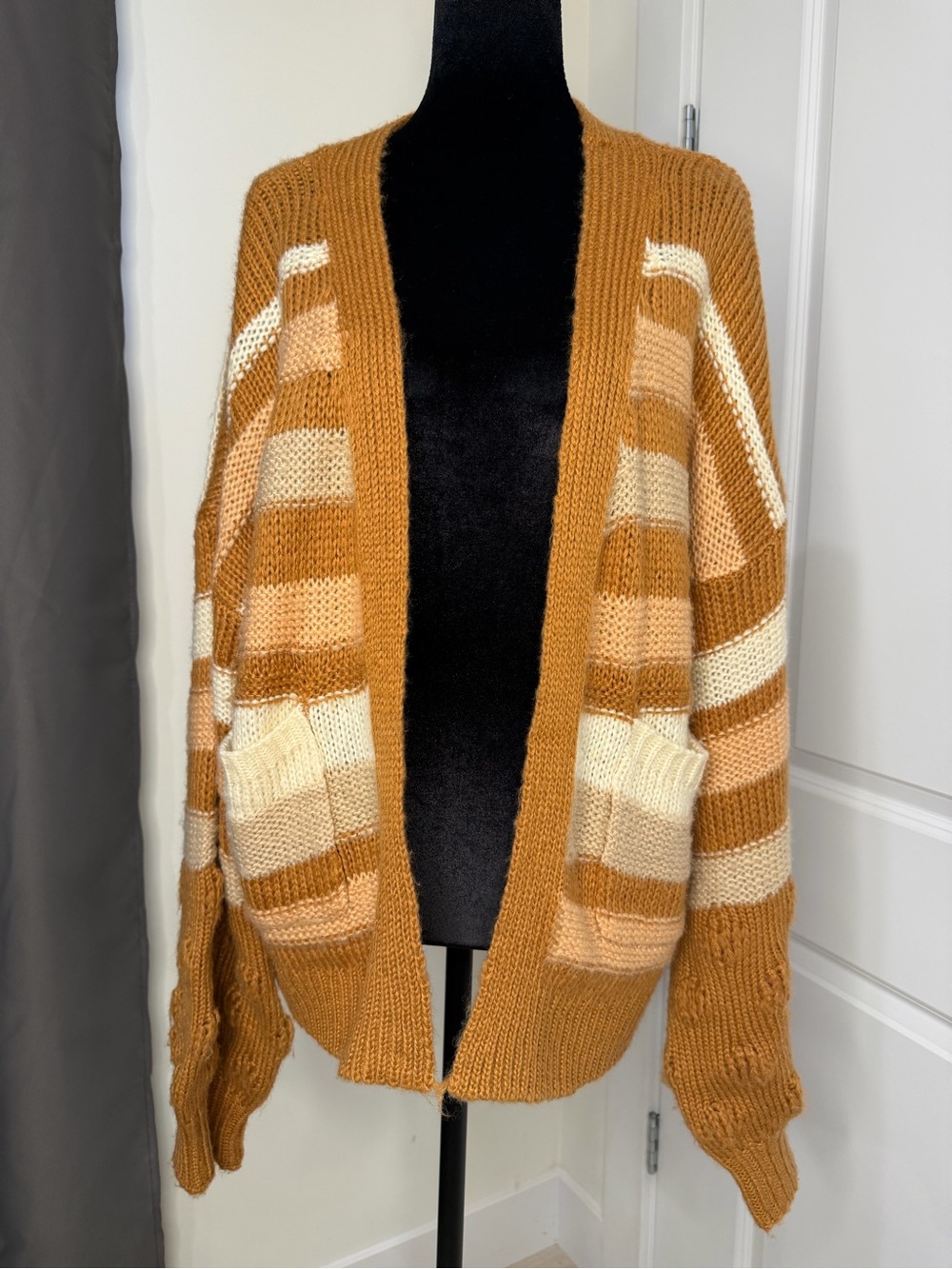 Striped Open-Front Women's Cardigan Sweater in Camel and Cream